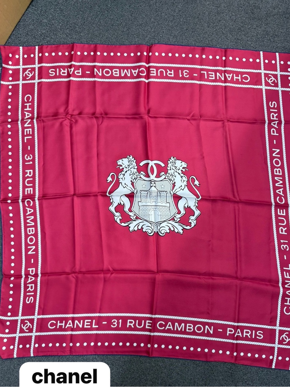 CHANEL Pink Silk Scarf with White Crest Motif